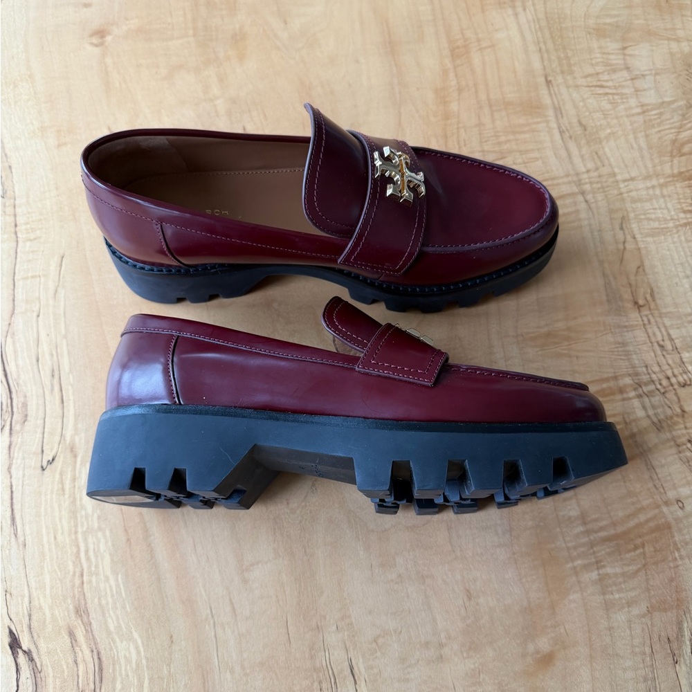 NWT Tory Burch Mini Everly Chunky Loafers Logo Burgundy, 9 - Picture 3 of 12